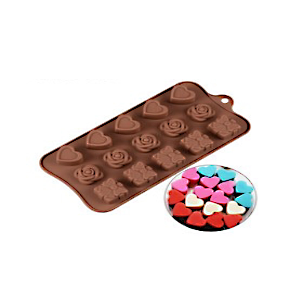 MOLDE SILICON, FLOR, REGALO Y CORAZON 15 CAVIDADES
